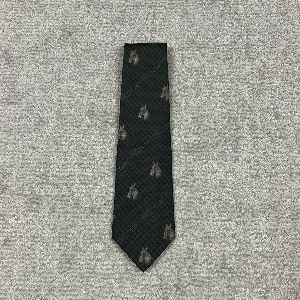 Polo Ralph Lauren Hand Cut Silk Tie Mens Equestrian Horse Houndstooth Green USA
